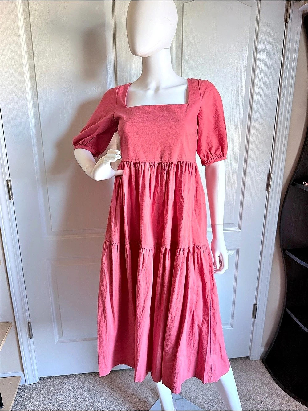 UNIQLO Women’s Linen Blend Volume Sleeve Shirring Midi Dress Size S